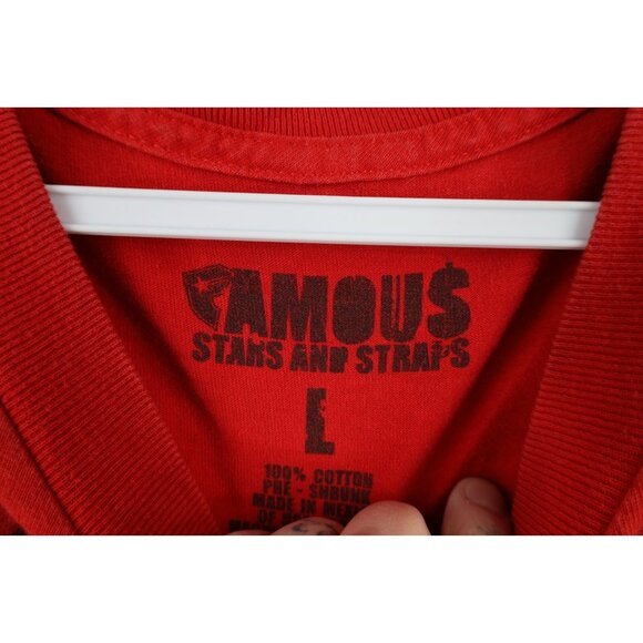 Vintage 90s Y2K Famous Stars and Straps Mens Large Faded Spell Out T-Shirt Red - Picture 7 of 11